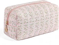 Floral Quilted Cotton Makeup Bag for Women, Large Capacity Travel Cosmetic Pouch with Zipper, Cute Toiletry & Brush Organizer, Kawaii Makeup Storage Case – Pink Floral