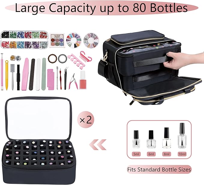 Nail Polish Organizer Holds 80 Bottles, with Two Removable Case, Portable Travel Nail Kit Storage Bag for Manicurist, Nail Art Enthusiasts,Black