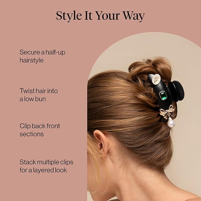 KitschPop ™ Hair Clips For Women with Charm Sets -Customizable Curved Claw Clip With Interchangeable Collectible Cute Charms | Ideal Gifts For Women -Vintage Black, 7pcs Set