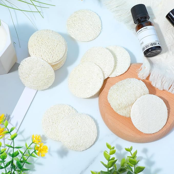 30 Pcs 2.17 Inch Natural Loofah Sponge Pads for Washing Face, Exfoliating Body Facial Scrub Pads for Makeup & Dead Skin Removal Cleansing Skin for Women and Men(One Side softened)