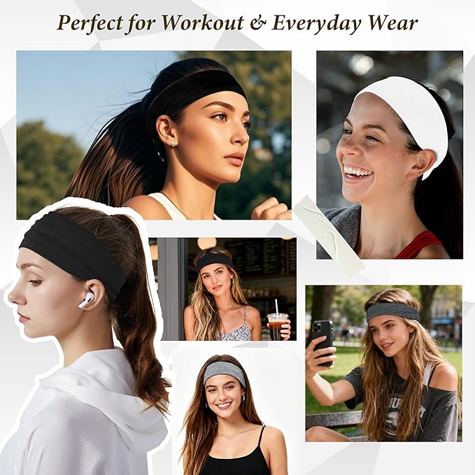 Headbands for Women Non-Slip Workout Hair Bands, 6 Pack Stretchy Athletic Soft Sweatbands, Elastic Cloth Fabric Headband, Fashion Head Bands for Yoga Running Sports Gym Sports Exercise