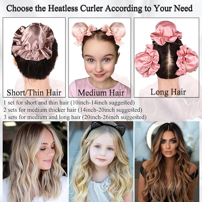 3 Sets Bun Bons Heatless Curls Satin Heatless Curling Set Overnight Curls Blowout Rods soft Hair Curlers to Sleep in with Bonnet Cap No Heat Silk Wrap Headband Roller SPink