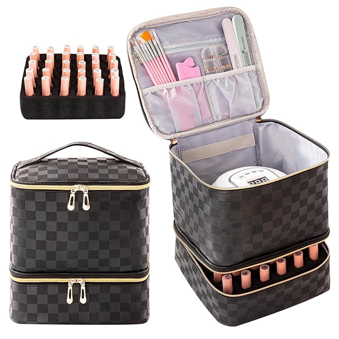 Nail Polish Organizer Bag Holds 30 Bottles & Nail Lamp Gel Nail Polish Storage Organizers for Nail Tech Carrying Case Manicure Kit Supplies Bag, Checkerboard Black (BAG ONLY)