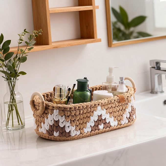 Handwoven Toilet Paper Storage Basket with Wooden Base & Handles - Boho Modern Bathroom Organizer, Small Shelf Basket for Living Room, Bedroom, Nursery (Brown)