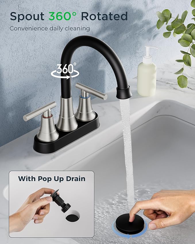 FORIOUS Black and Brushed Nickel Bathroom Faucets, 4 Inch Centerset Bathroom Sink Faucet 2 or 3 Hole with Pop up Drain and cUPC Hose, Two Handles Control, 360° spout for Restroom,Vanity, Rv