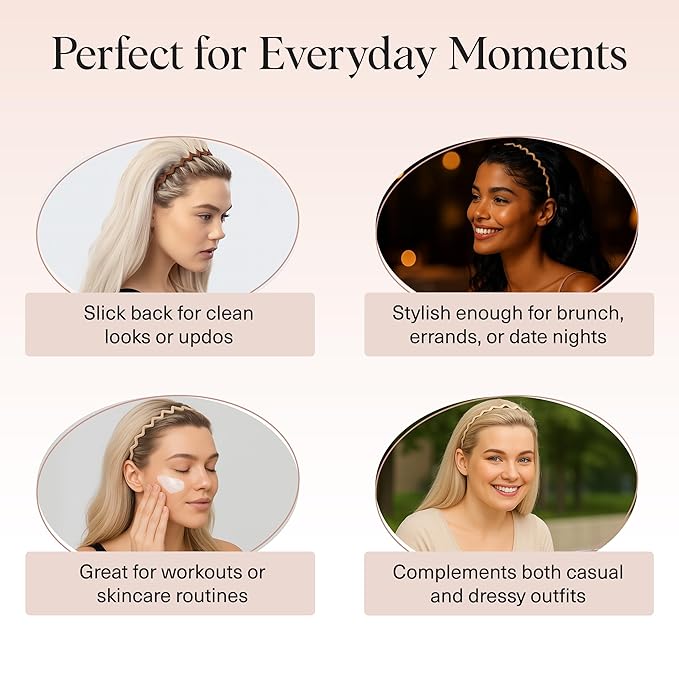 Kitsch Zig Zag Headbands for Women Non Slip – Fashion Accessories for Slicked Back Styles - Comfortable Comb Headband with Teeth | Ideal Gifts for Women - Neutral - 2 pcs