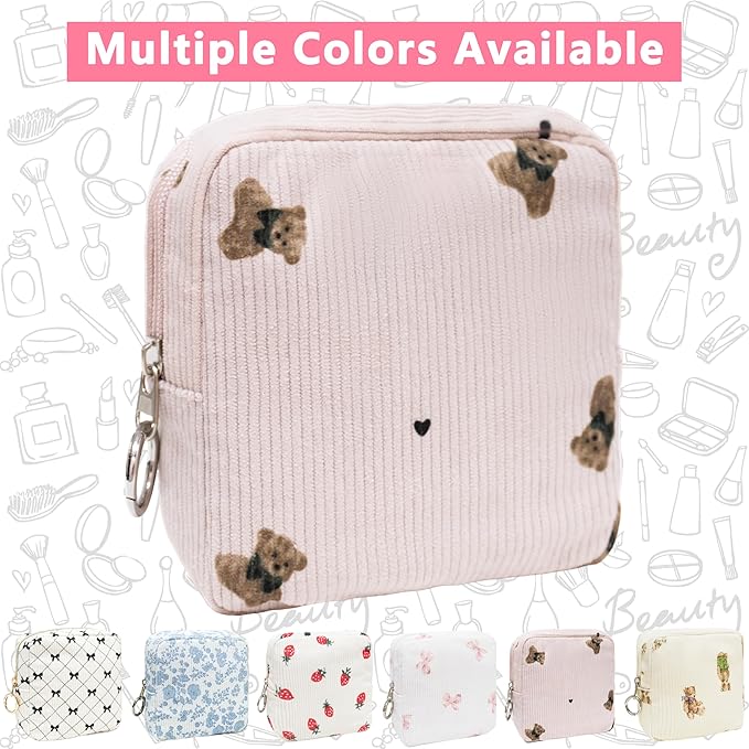 Period Bag for Girls, Corduroy Sanitary Napkin Storage Bag, Period Pouch & Tampon Holder, Feminine Care Organizer（Pink Bear）