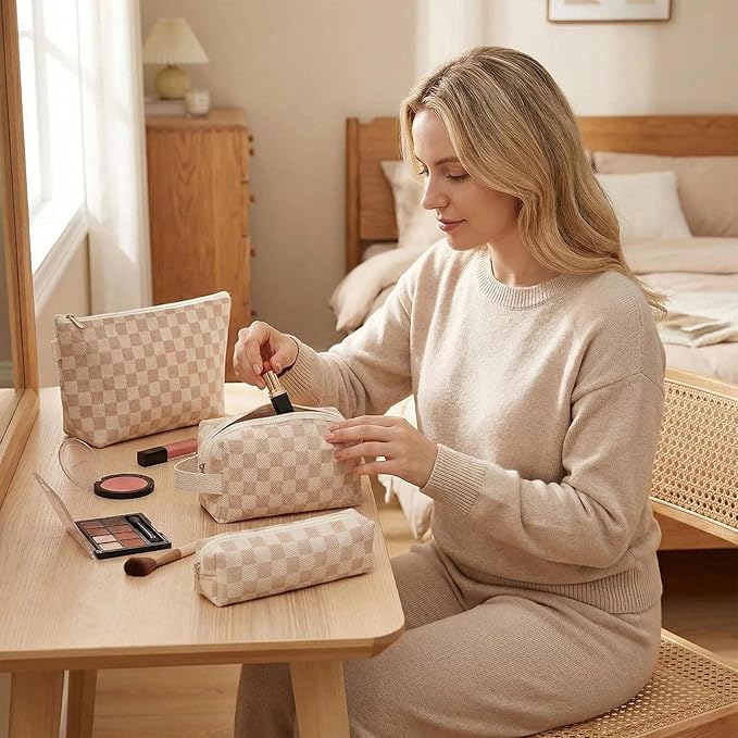 3 Pcs Canvas Makeup Bag Set Checkered Cosmetic Pouch for Women Travel Toiletry Bag Cute Makeup Organizer Purse Pouch Preppy Pencil Case with Zipper (Checkered Khaki)