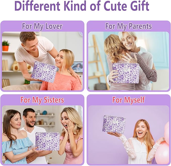 2Pcs Quilted Makeup Bag Set Flower Cute Pencil Case Large Small Travel Makeup Pouch Set for Women Coquette Makeup Bag Aesthetic Cotton Cosmetic Bag Purple Toiletry Organizer Storage Bag Zipper Pouch