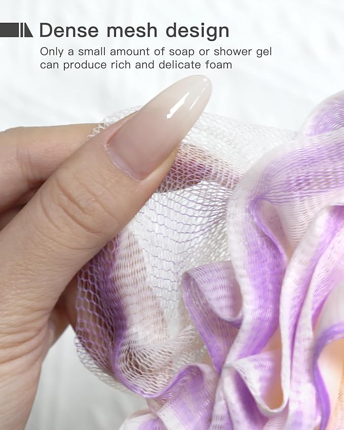 Loofah Sponge 70g, 6.3 Inch Large Exfoliating Bath Sponge, Soft Durable PE Mesh with Reinforced Knotting, Rich Lather Bath Scrubber for Body, for Travel or as a Holiday Gift (4Pack, Green-Beige)
