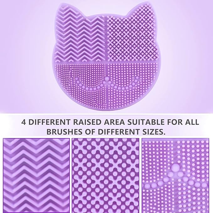 Silicon Makeup Brush Cleaner Mat with Brush Drying Holder Brush Portable Cat Shaped Cosmetic Brush Cleaner Pad cleaning mat manual make up brush cleaner cleanser machine(New Lavender)