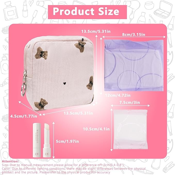 Period Bag for Girls, Corduroy Sanitary Napkin Storage Bag, Period Pouch & Tampon Holder, Feminine Care Organizer（Pink Bear）