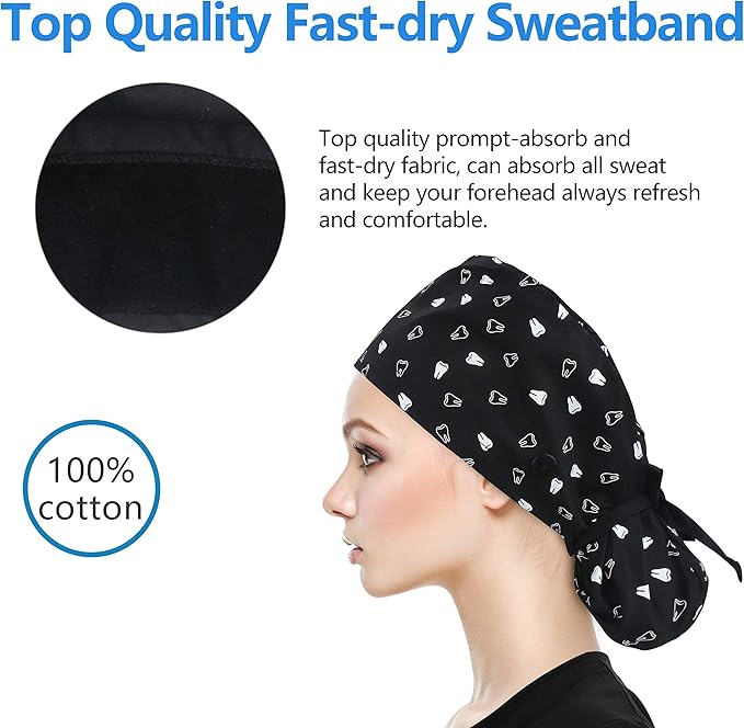 QBA Adjustable Working Cap with Button, Satin-Lined Hat, Cotton Working Hat Sweatband, Elastic Tie Back Hats Unisex