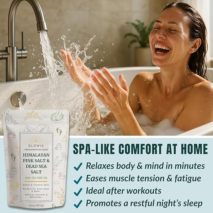 Glowis Tea Tree Oil Foot Soak with Himalayan & Dead Sea Salt | Pedicure Salt Foot Soak for Nail Discoloration, Calluses & Odor | Natural Detox Foot Bath Soak with Sandalwood, Lavender & Rose | 16 oz