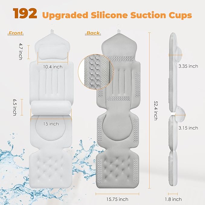 Bath Pillow for Tub, Full Bath Cushion for Tub with 192 Strong Suction Cups, Ergonomic Bathtub Pillow for Neck Back Legs, Soft Air Mesh Quick Drying Spa Bath Pillow Fits All Bathtub Types, White