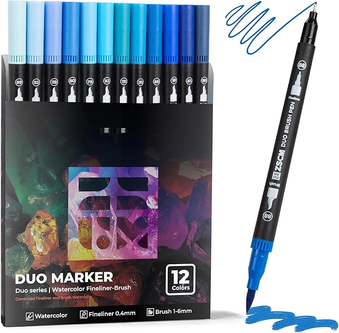 Blue Duo Tip Marker Pens, 12 Pack Fine & Brush Markers for Adult Coloring Books No Bleeding, Ocean Blue Markers for Sky & Sea Landscapes, Water Effects, Calming Mandalas and Journaling