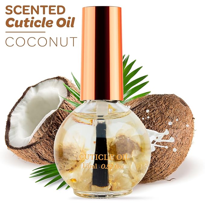 JIASHENG Cuticle Oil, Coconut Scented Cuticle Nail Oil Infused with Real Flowers, Hydrates, Moisturizes, Strengthens, Repairs, Revitalizing Cuticle Oils for Nails Damage Dry Cuticle, 15ml