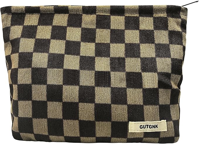 GUTGNK Women's Cosmetic Bag, Corduroy Checkerboard Travel Cosmetic Bag Small Cosmetic Bag Skin Care Cosmetic Changing Handy Bag Zipper Organizer