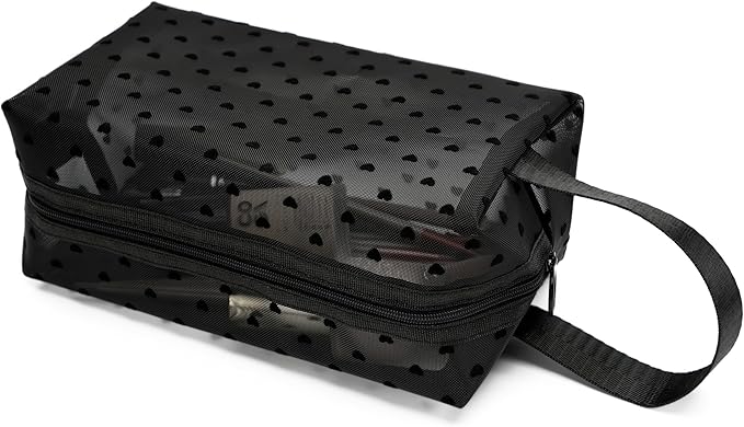 Portable Mesh Makeup Bag with Zipper Small Travel Toiletry Bag Lightweight Cosmetic Pouch (Black&Black Heart with Handle)