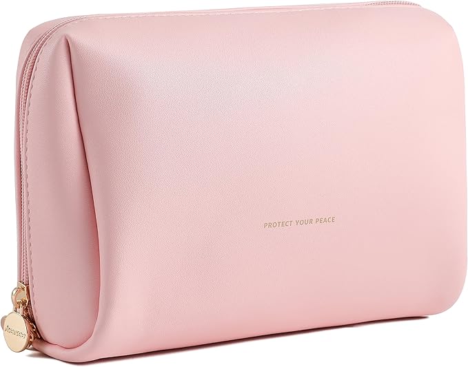 Aveniee Travel Makeup Bag, Large Toiletry Bag for Women, Vegan Leather Travel Pouches Case, Make Up Bag for Travel Essentials Brushes, Cosmetic Bag Purse Organizer with Divider and Gold Zippers-Pink