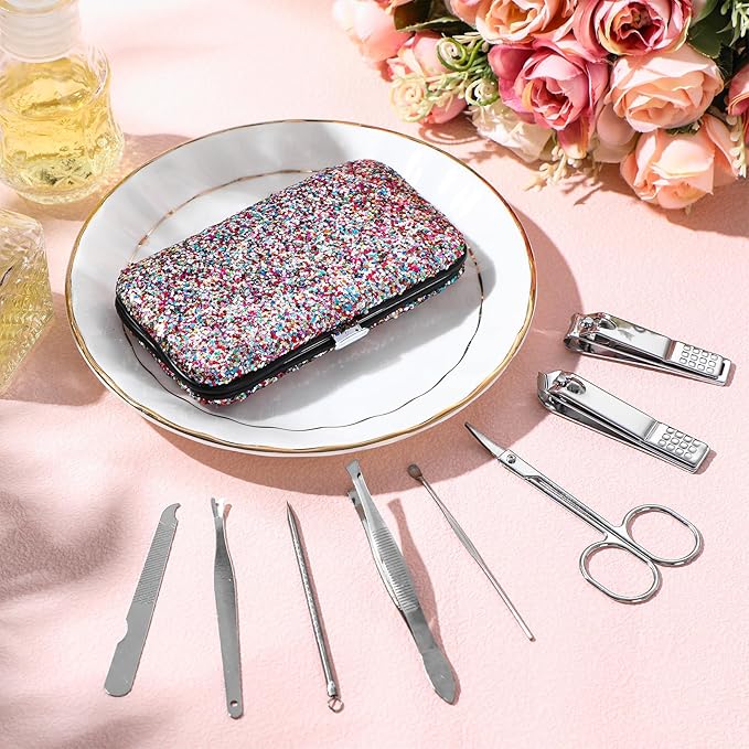 Geosar 12 Set 8 in 1 Manicure Set Stainless Steel Nail Clippers Kit Pedicure Care Tools with Leather Case Travel Grooming Kit Gift for Women Men Gift(Glitter Candy Color)