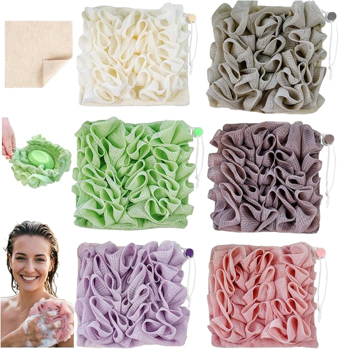 Washcloth Loofah Combo 2-in-1 Loufee Wash Cloth that Holds Bar Soap-Exfoliation Mesh Shower Ball for Body Wash&Smooth Skin+Free Loofah Dish Towel