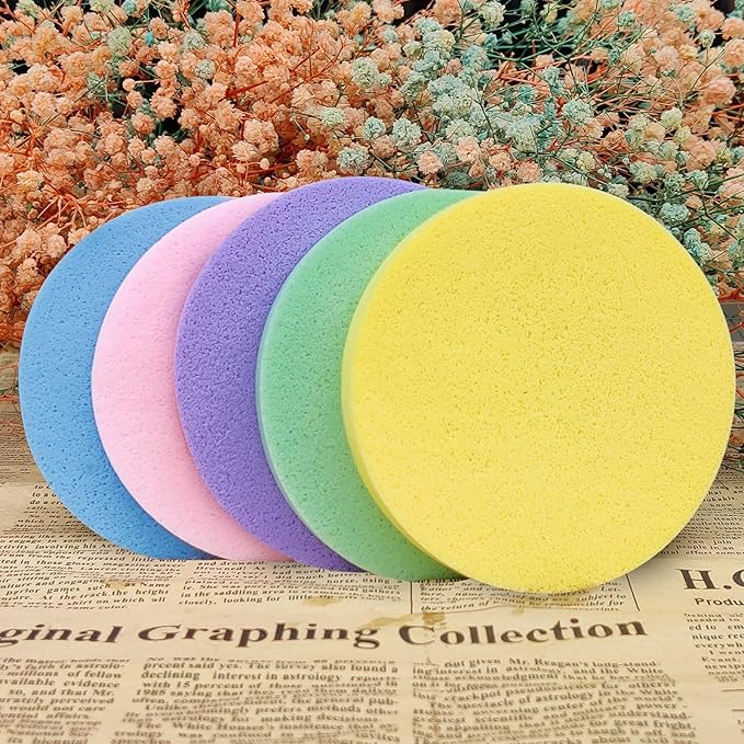 Facial Sponge Compressed，PVA Professional Makeup Removal Wash Pads Round Face Cleansing Sponge for Spa Exfoliating and Mask(60pcs), 5Colors