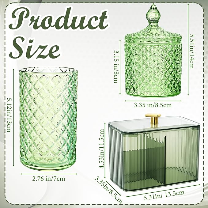 3 Pcs Qtip Holder Dispenser Bathroom Set Cotton Ball Holder Cotton Swabs/ball Storage Box 3 Grids Partition Cosmetics Storage Dispenser for Vanity Tray Candy Container Jar For Home(Green)