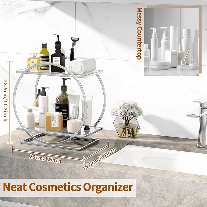 Perfume Organizer for Bedroom Dresser- Sliver Makeup Organizers for Vanity, 2 Tier Bathroom Countertop Organizer Perfume Tray Skincare Storage Cosmetic Display Rack, Make Up Counter Shelf