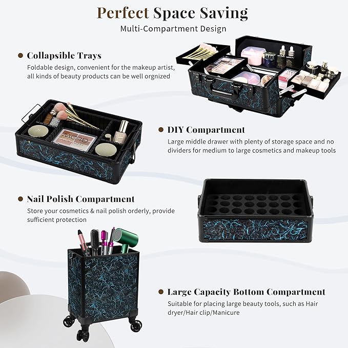 Profesional Rolling Makeup Train Case with Lid, 5 in 1 Cosmetology Case on Wheels, Large Cosmetic Trolley Organizer Travel for Hairstylist Artist Nail Beauty Salon Barber, Blue