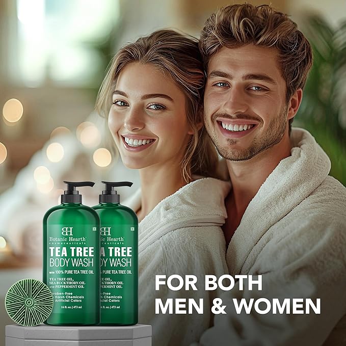 Botanic Hearth Tea Tree Body Wash 2Pack, with Silicone Dual-Sided Design Body Brush & Scrubber | Infused with 100% Pure Tea Tree Oil, Coconut, Jojoba |Foot & Body Cleanser | Paraben Free |16 fl oz
