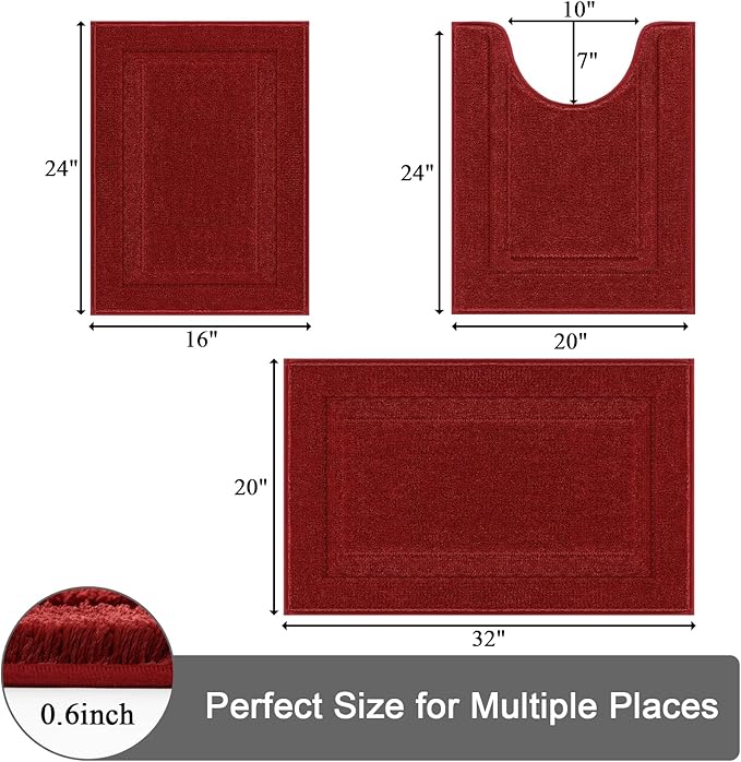 SHACOS Red Bathroom Rugs Set of 3 Pieces, 16"x24" + 20"x32" Bath Rugs + 20"x24" U Shaped Toilet Rugs, Non-Slip Extra Soft Absorbent Bath Rug Washable Bathroom Floor Mats