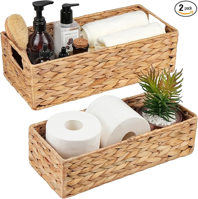 LotFancy Bathroom Basket, 2 Pack Water Hyacinth Toilet Paper Basket, Hand Woven Back of Toilet Organizer for Toilet Tank Top Countertop, Wicker Baskets for Shelves