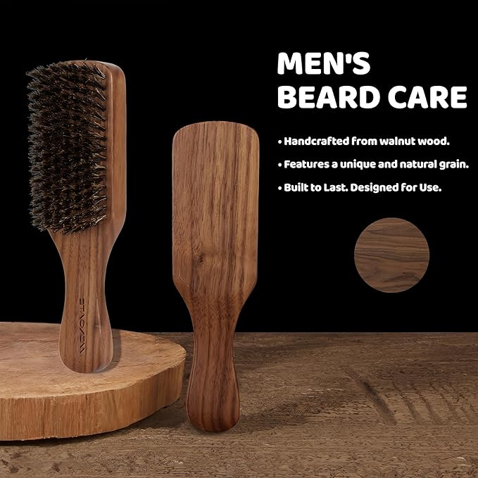 Walnut Wood Boar Bristles Beard Brush Kit for Men, Beard Grooming & Hair Styling Quiff, Pompadour, Slicked-back, Undercut, Straightens & Promotes Beard Growth - Works with Beard Oils and Balms