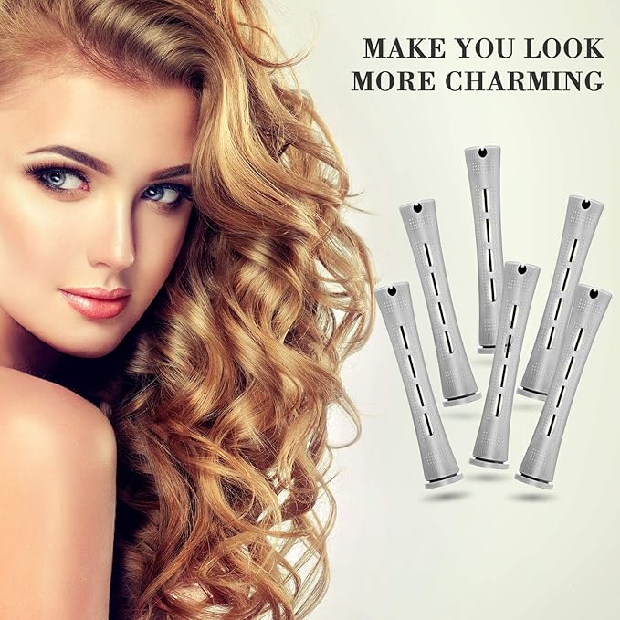 48 Plastic Hair Perming Rods and Curlers with Steel Pintail Comb for Hairdressing and Styling (Gray, 0.59 Inch/ 1.5 cm)