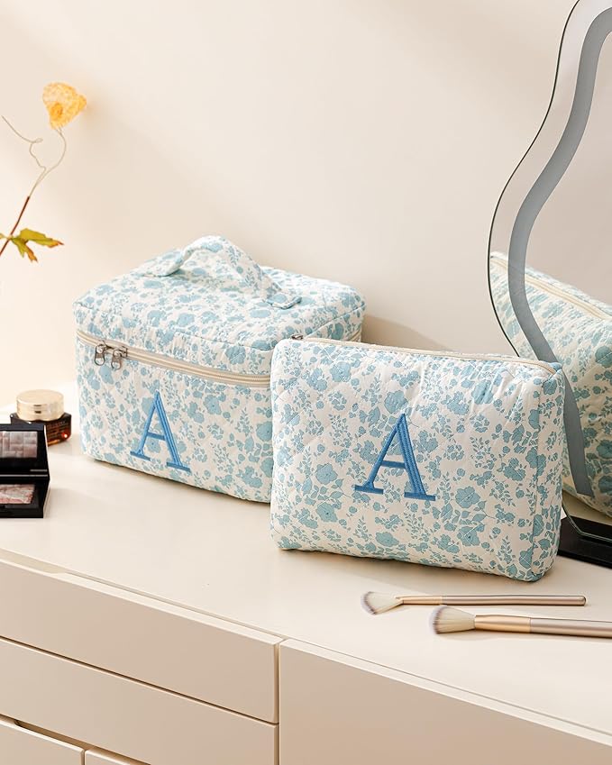 HBselect 2Pcs 2Pcs Initial Makeup Bag, Quilted Makeup Bag, Cotton Large Travel Makeup Bag, Cute Floral Coquette Make up Bag Cosmetic Bag Toiletry Bag for Women Girls A