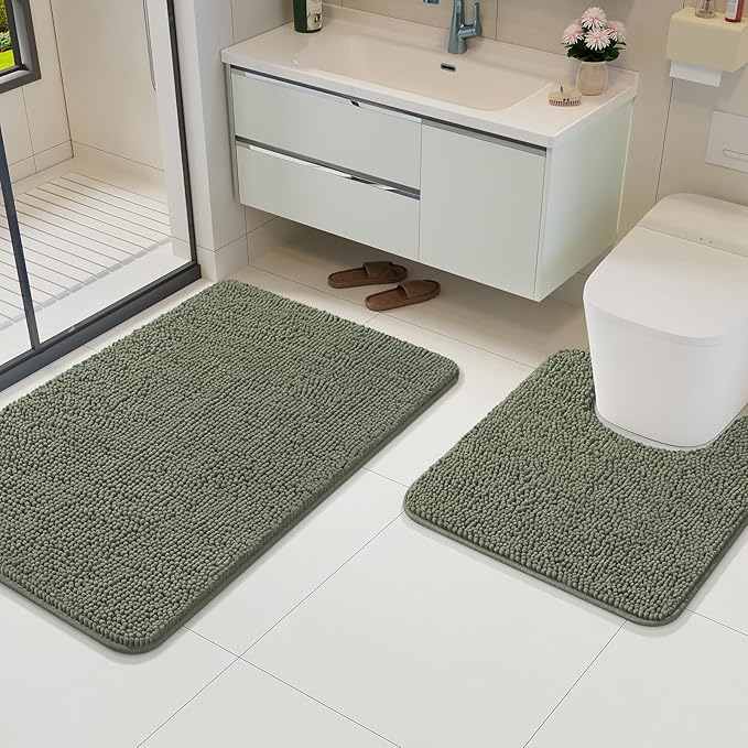 AROGAN Bathroom Rug Sets 2 Piece, 20"x20" U-Shaped Toilet Mat and 21"×34" Bath Mats Floor Set, Washable Bath Rug Set, Absorbent Soft Non Slip Bathroom Rug, Sage Green