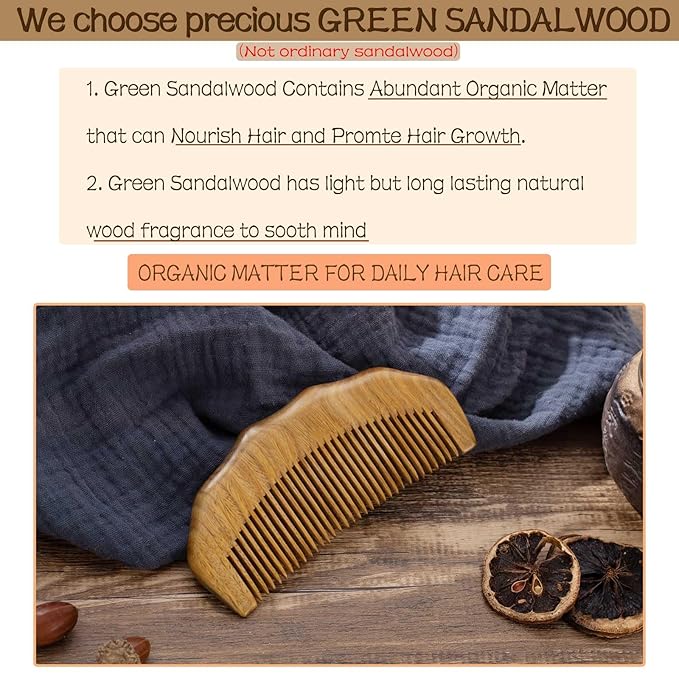 Wooden Beard Comb for Men, Fine Tooth Wooden Comb for Women - Green Sandalwood