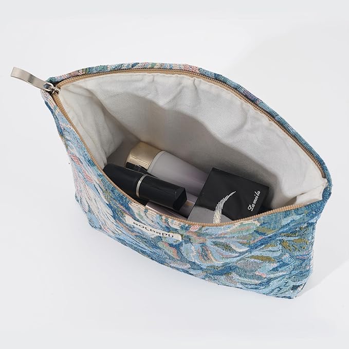 2 PCS Makeup Bag Small Cute Cosmetic Bags for Women，Floral Travel Toiletry Bag for Purse, Large Canvas Cosmetic Pouch Makeup Organizer Tool Pouch with Zipper（Blue Flower）