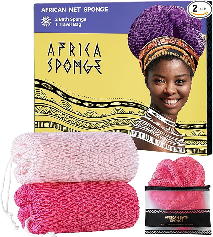 African Net Sponge Authentic - 2 Pieces Body Exfoliator Bath Sponge - Exfoliating Washcloth Back Scrub for Shower - Face & Skin Care, Travel Portable, Durable (Baby Pink & Pink)