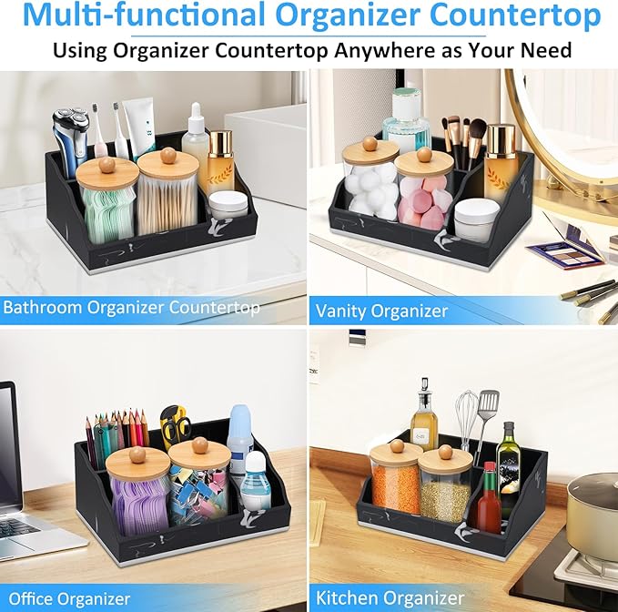 Bathroom Counter Organizer, Black Marble Toothbrush Holders for Bathrooms with 2PCS Qtip Holder, Bathroom Organizer Countertop Toothbrush and Toothpaste Holder for Makeup Organizer for Vanity