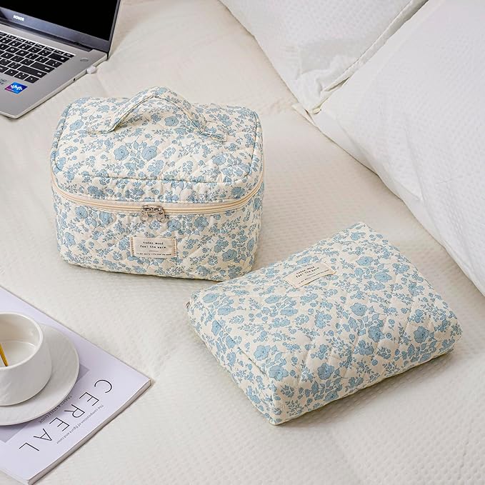 uekeboag 3Pcs Quilted Cotton Makeup Bag,Coquette Quilted Toiletry Bag for Women and Girls,Floral Coquette Pouch,Cute Kawaii Travel Cosmetic Bags(3Pcs LightBlue Flower)