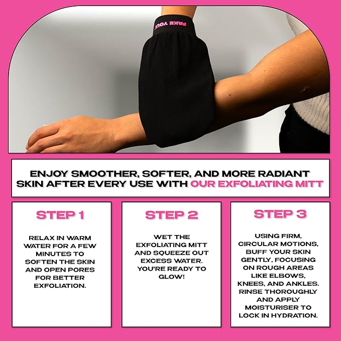 Fake You! Exfoliating Mitt for Body – Premium Body Exfoliator Mitt for Smooth, Radiant Skin – Reusable Exfoliator Glove for Dead Skin Removal – Elastic Cuff for Secure Fit