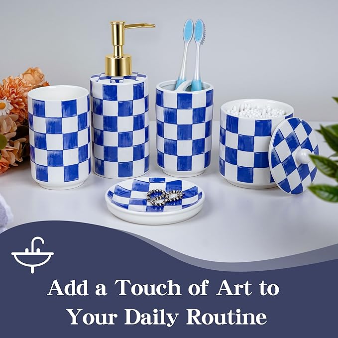 Ceramic Bathroom Soap Dispenser Set, Checkered Bathroom Vanity Set with Lotion Pump, Toothbrush Holder, Soap Dish & Storage Jar, Modern Bathroom Sink Accessories (Blue)