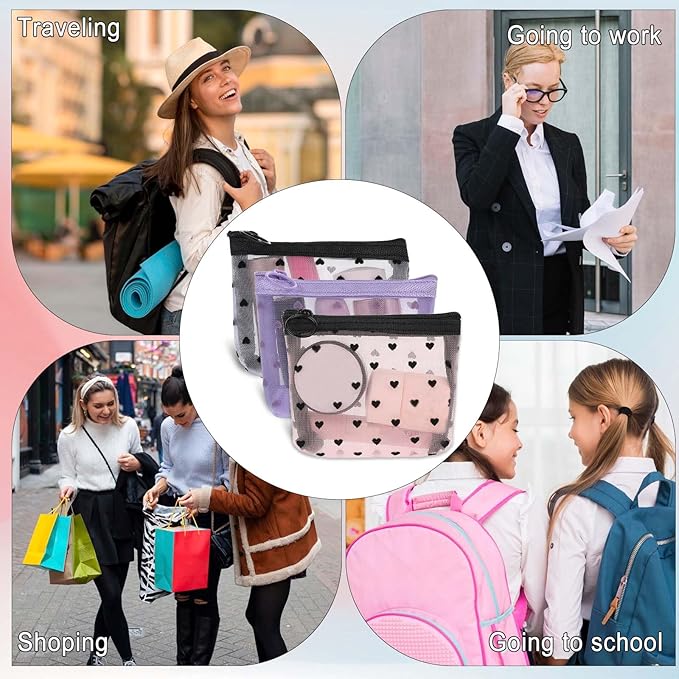 3Pcs Mini Cosmetic Bags, Heart Print Mesh Zipper Bags, Lipstick Accessories Organizer, Makeup Bag for Women, Small Purse Bag (White, Pink, Purple)