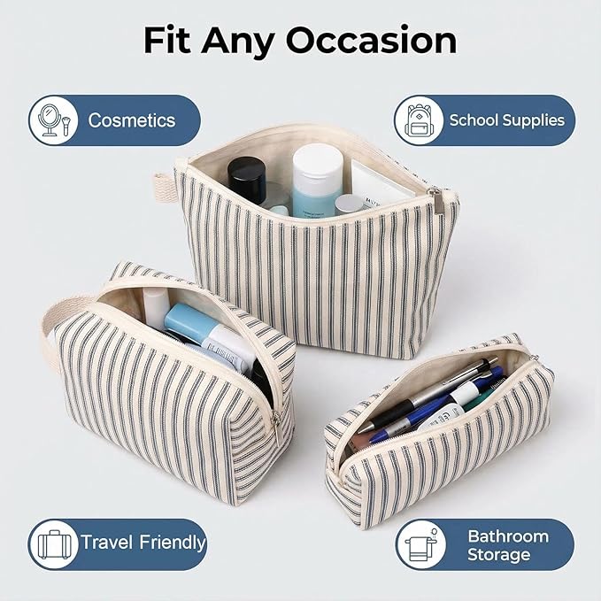 3 Pcs Canvas Makeup Bag Set Cosmetic Pouch for Women Travel Toiletry Bag Cute Makeup Organizer Purse Pouch Preppy Pencil Case with Zipper (Blue Pinstripes)