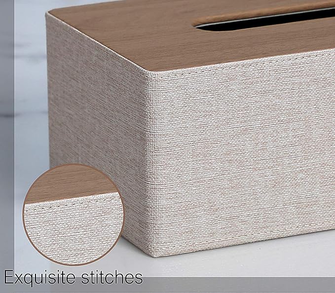 Tissue Box Cover Rectangular 9.8"(L) x 5.3"(W) x 4.3"(H) Refined Modern PU Leather Facial Tissue Dispenser Box Holder for Dresser Bathroom Decorative (Beige)