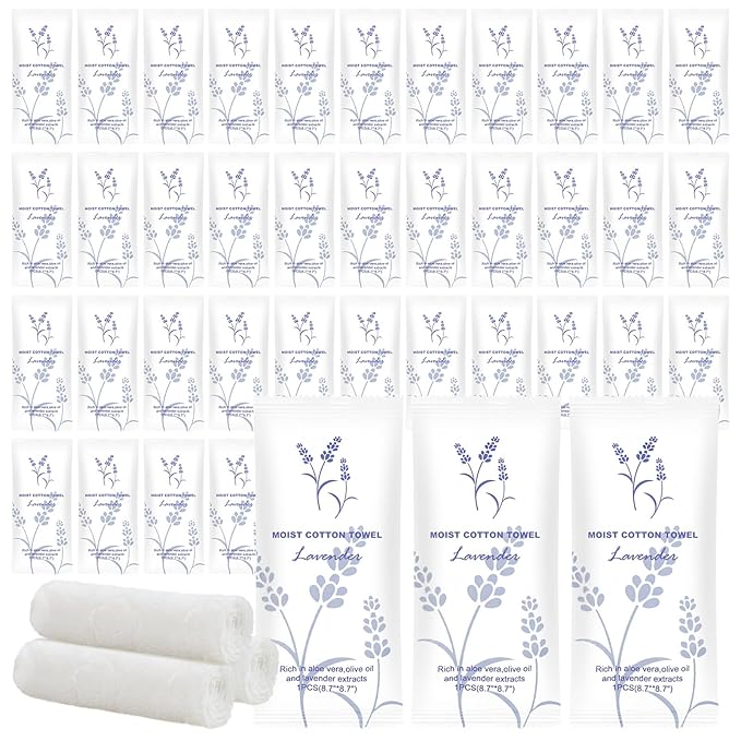 Moist Cotton Towel Bulk Moist Towelettes Individually Wrapped,White Towel Services,Refreshment Pre Moistened Towels for Dentist Travel Sport Party Hotel 50，Lavender