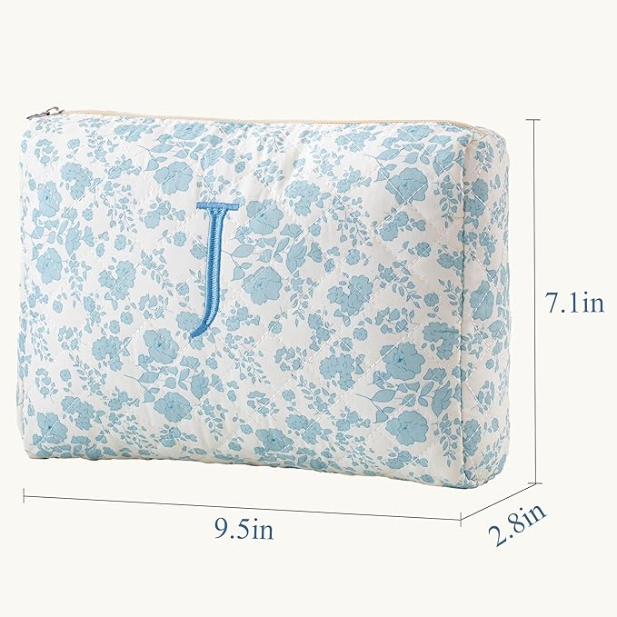 HBselect Initial Quilted Makeup Bag, Cotton Large Travel Makeup Bag, Cute Floral Coquette Make up Bag Cosmetic Bag Toiletry Bag for Women Girls J