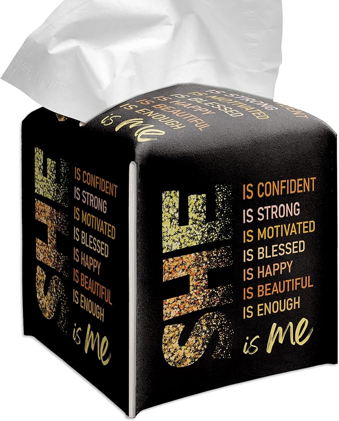 Grace Yonks Cute Tissue Box Cover Square - “SHE Is Me” Empowering Quote in Glitter Gold on Black Design 5.2" PU Leather Holder for Vanity, Desk, or Bathroom Counter - Cube Case for Facial Tissues(022)